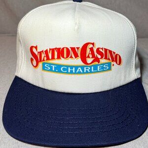 Vintage Station Casino St Charles Missouri White Blue Snapback Hat Cap USA